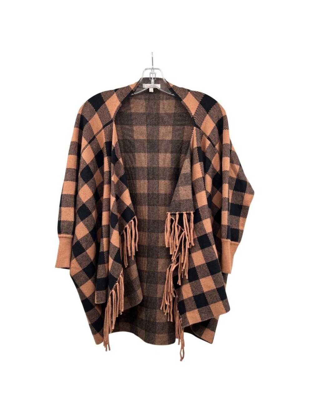 Skies Are Blue Womens Knit Cardigan Open Fringe Tan/Black Check 3/4 Sleeve Small